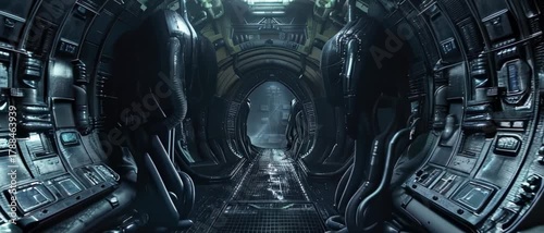 Dark corridor inside alien space base or spaceship, scary gloomy interior of spacecraft, futuristic scene, scifi movie