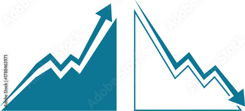 Two contrasting financial charts showing upward growth and downward decline with arrows indicating trend direction