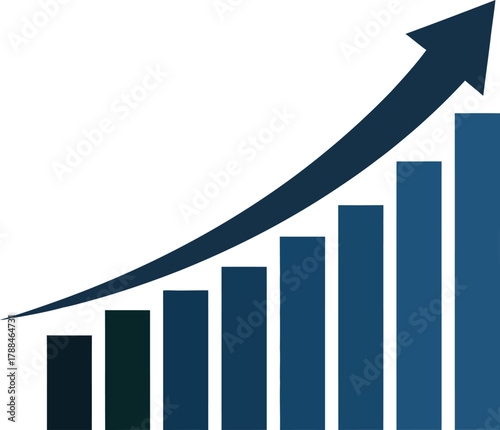 Blue bar graph with upward trending arrow illustrating financial growth and positive business performance