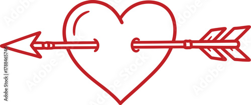 Hand drawn red heart pierced by cupid s arrow symbolizing love and romance