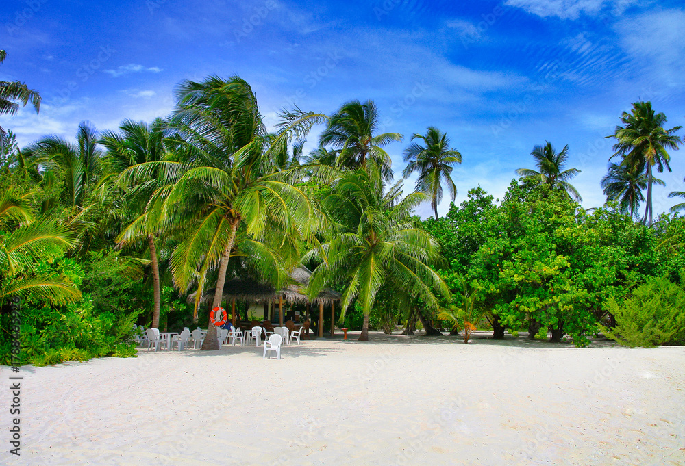 Fototapeta premium Tropical beach scenery of the Hudhuranfushi Island on Maldives.
