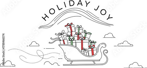 Sleigh full of gifts delivering holiday joy in a minimalist line art design