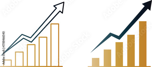 Two stylized bar charts with upward trending arrows indicating financial growth and positive performance