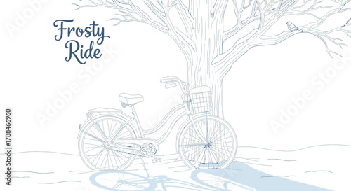 Bicycle parked under a tree with a bird in winter for a frosty ride adventure day