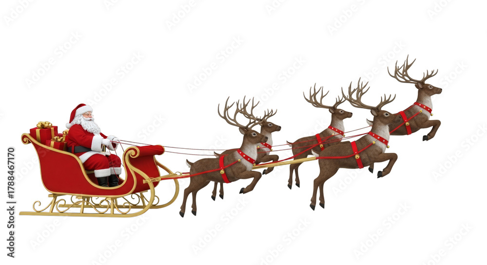 Fototapeta premium Santa claus sleigh reindeer flying christmas eve holiday on transparent background