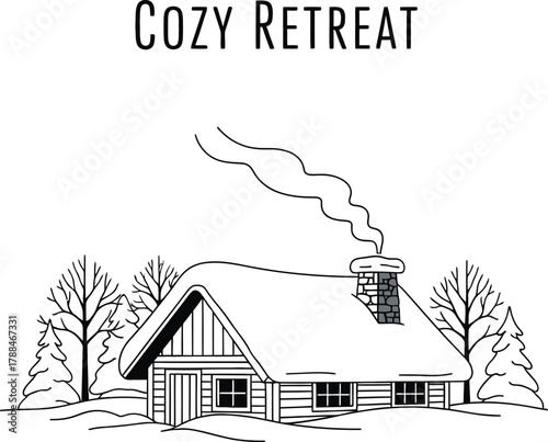 Cozy cabin retreat in winter with snow covered roof and smoke coming from chimney