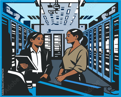 Two women stand within a server room discussing technology surrounded by rows of computer hardware and illuminated racks, quality professionals
