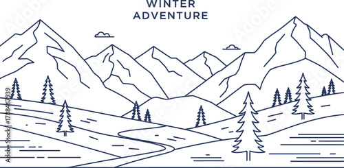 Minimalist winter landscape illustration with mountains and evergreen trees