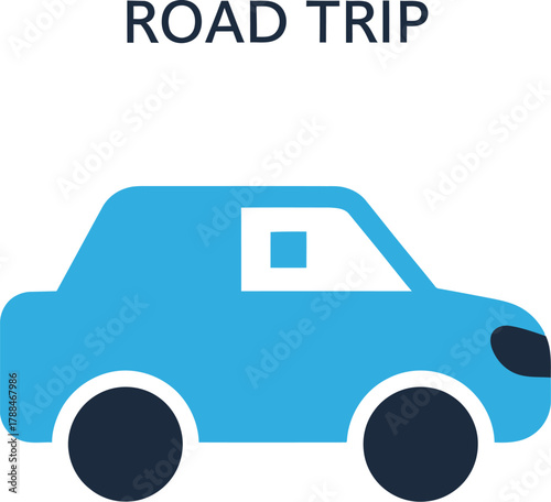 Blue car illustration with road trip text above it on a white background