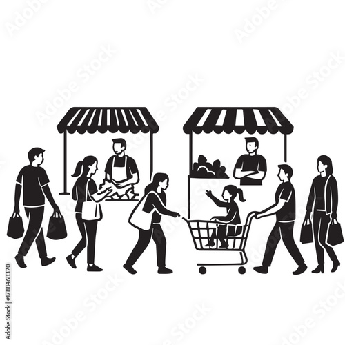 A lively black-and-white illustration of a bustling local marketplace. Vendors sell bread, fruits, and vegetables under striped awnings, while shoppers stroll with bags and carts. 