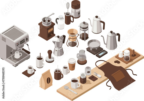 Isometric vector illustration of modern coffee brewing tools and equipment