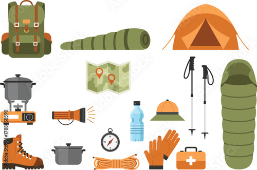 Vector illustration of colorful camping gear and hiking essentials