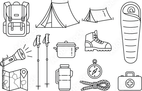 Minimal line art vector of camping and hiking tools
