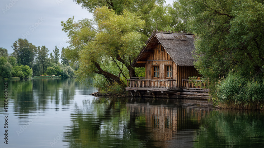 Fototapeta premium A wooden cabin on a lake surrounded by trees with reflections in the calm water on a cloudy day