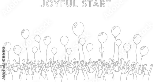 Crowd celebrating with balloons in a simple line drawing for joyful events