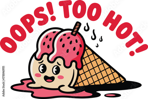 Oops Too Hot Melted Ice Cream With Sad Face Cartoon Illustration Summer Dessert Heatwave Weather Discomfort and Fun