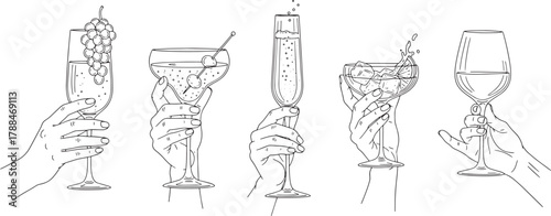 Line art illustration of hands holding a variety of elegant drink glasses, including wine, champagne, and cocktails. Vector