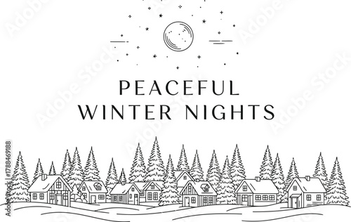 Minimalist winter village scene with trees and houses under a starry night sky