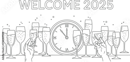 Welcoming the new year 2025 with champagne glasses and a clock striking midnight
