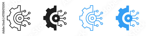 Digital transformation icon set. Gear with circuit board symbol. Line and fill style. Vector illustration