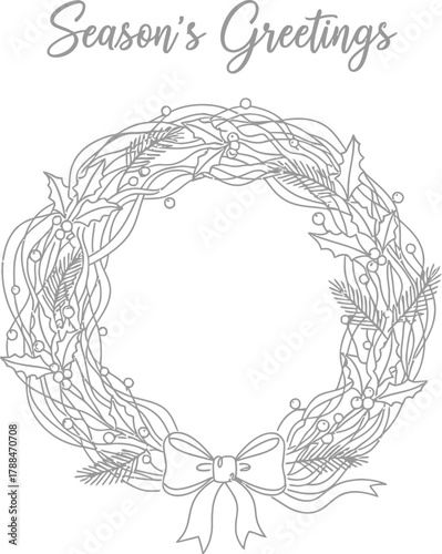 Season's greetings card with a hand drawn christmas wreath on a white background