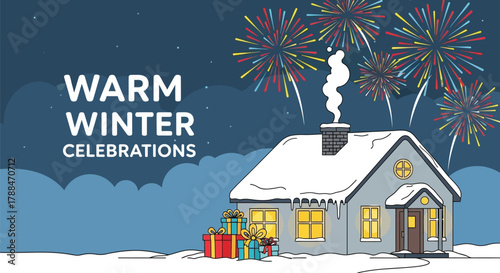 Cozy winter scene with snow covered house and fireworks for holiday celebrations