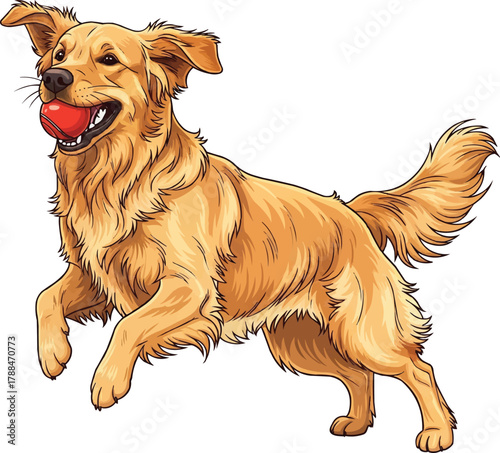 Golden Retriever dog playing fetch with ball vector illustration