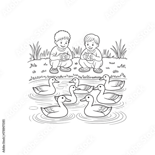 two young boys sitting by a pond feeding ducks with lush greenery surrounding them a charming silhouette