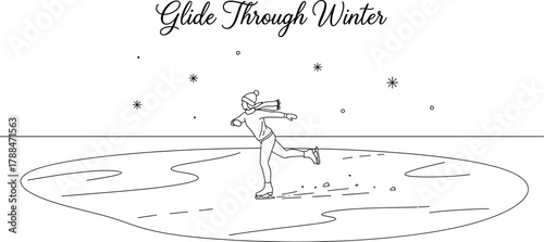 Woman ice skating on a frozen lake during winter with snowflakes falling around her