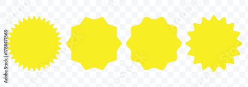 Set of yellow star burst shape tags for price. Circle sticker. Wavy edge promo badges. Set of burst tag icons. A collection of starburst stickers. eps 10