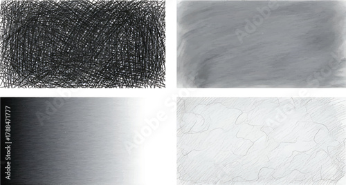 Collection of four distinct abstract monochrome hand-drawn textures and backgrounds with varying patterns and gradients. Vector