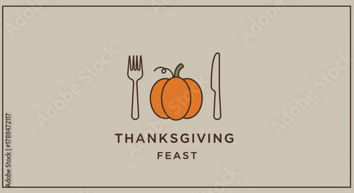 Thanksgiving Feast Minimalist Design With Pumpkin Fork and Knife.