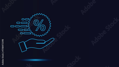 Fast Discount Offer Vector Illustration Hand Holding Percentage Badge Icon Quickly Delivering Promotional Savings and Financial Benefits on Dark Blue Background