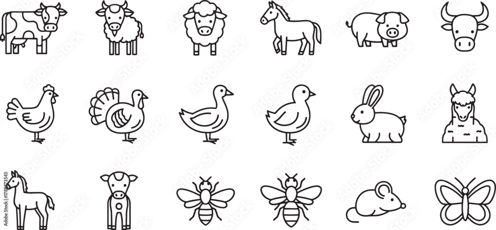 Obraz premium Outline vector icons set of farm and domestic animals including livestock, poultry, and other common creatures Vector