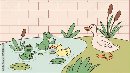 2D Frogs and Ducks Helping Each Other on Pastel Brick Wall 