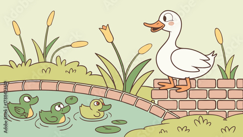 2D Frogs and Ducks Helping Each Other on Pastel Brick Wall Vector
