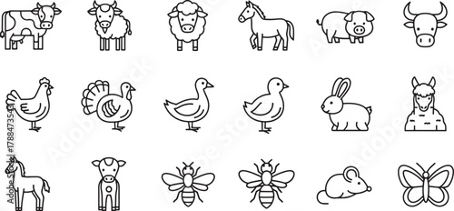Outline vector icons set of farm and domestic animals including livestock, poultry, and other common creatures Vector
