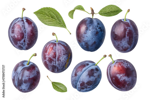 Fresh plums with leaves on white clean background