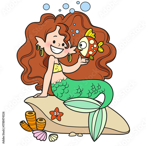 Cute little mermaid girl with cartoon fish in hand isolated on white background