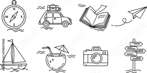 Hand-Drawn Travel and Adventure Doodle Vector Set: Car, Sailboat, Camera, Compass, Signpost, Coconut Drink, and Paper Plane Icons for Vacation and Holiday Graphics.