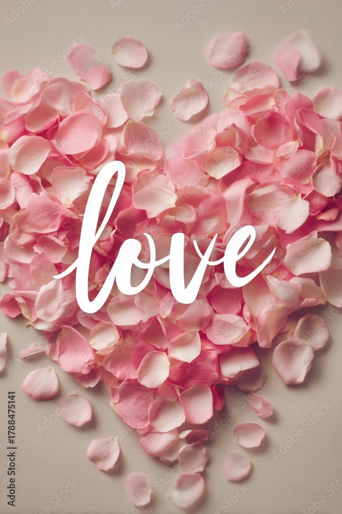 Obraz premium Heart Shaped Arrangement of Pink Flower Petals With the Word Love in Elegant Script