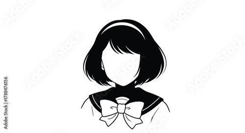 Simple sketch of a girl with dark hair pink bow and blank face