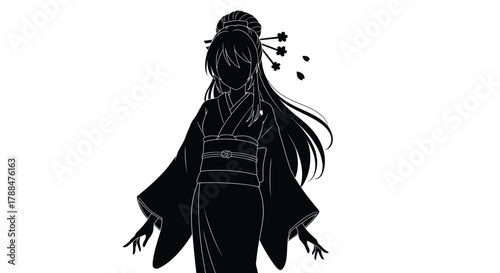 A silhouetted figure of a woman in traditional japanese clothing