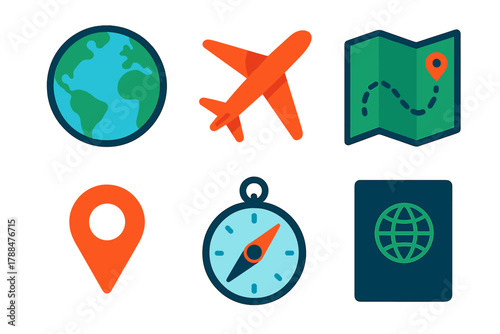 Iconic World Exploration. World Exploration flat icons: globe icon, airplane, map route, compass, passport, destination pin.