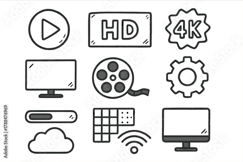 Video Icon Doodle Set. Video Resolution outline icons: play button, HD icon, 4K badge, TV screen, film reel, settings gear, progress bar, pixel grid, laptop, cloud, Wi-Fi signal,