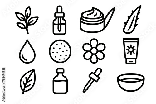 Skincare Icons Collection. Natural Skincare linear icon set: plant, serum bottle, moisturizer jar, aloe leaf, water droplet, cotton pad, flower, sunscreen tube, leaf, glass bottle,
