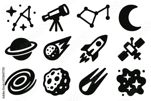Brutalist Astronomy Icons. Astronomy Constellations silhouette icon set: star cluster, telescope, connecting lines, moon, planet, comet, rocket, satellite, galaxy, asteroid, light