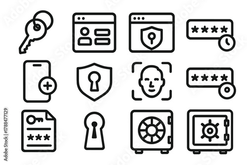 Security Icons Collection. Access Credentials linear icon set: keychain, login form, secure browser, password field, two-factor symbol, security lock, face ID, OTP entry, digital