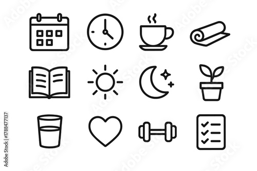 Daily Habit Icons. Daily Habits linear icon set: calendar, clock, cup, yoga mat, book, sun, moon, plant, water glass, heart, dumbbell, checklist.