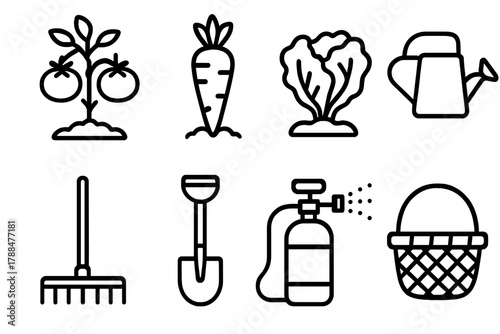 Vegetable Garden Icons. Vegetable Garden Icons linear icon set: tomato plant, carrot, lettuce, watering can, rake, shovel, sprayer, basket.